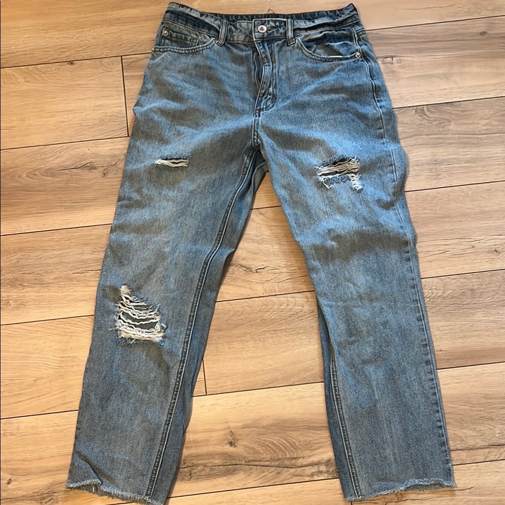 Blue Straight Leg Jeans with Distressed Details